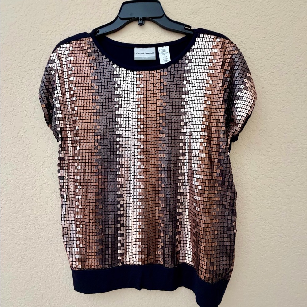 Alfred Dunner Rose Gold Sequin Short Sleeve Pullover Top